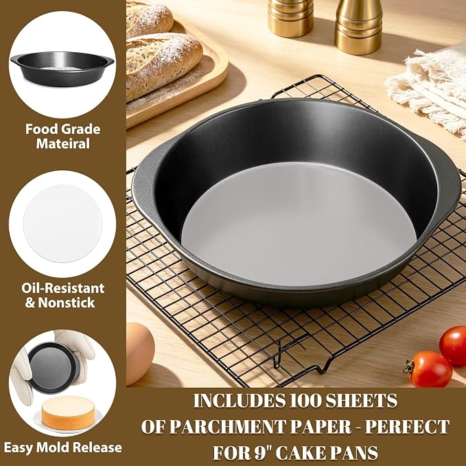 9 Inch Cake Pan Set, 3-Piece Carbon Steel Round Cake Pans with 100 Pre-Cut Parchment Paper Rounds, Nonstick Baking Pans for Layer Cakes, Pizza and Desserts