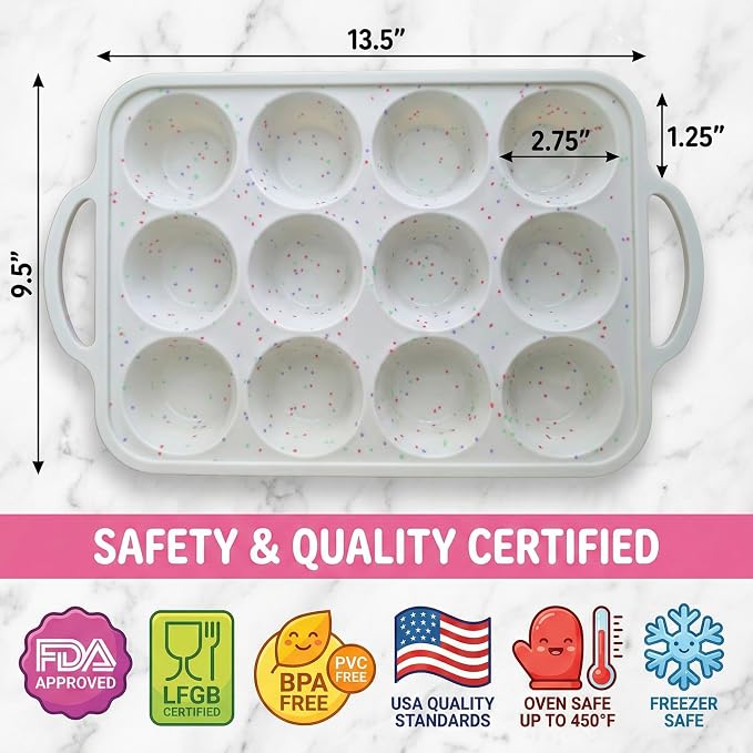 Silicone Muffin Pans, 2-Pack Regular 12 Cup, BPA-Free | Metal Reinforced Silicone Muffin Pans for Baking, Nonstick Silicone Cupcake Pan, Easy Release Surface, Dishwasher Safe