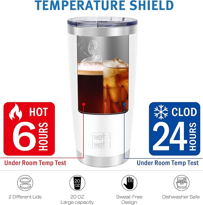 WETOWETO 20oz Tumbler with 2 lids and 2 straws, Stainless Steel Vacuum Insulated Water Coffee Tumbler Cup, Double Wall Powder Coated Spill-Proof Travel Mug Thermal Cup (White, 1 Pack)