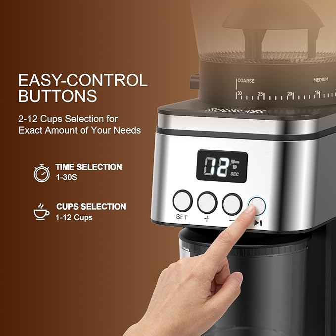 Conical Burr Coffee Grinder Electric,Stainless Steel Coffee Grinder for Home, Adjustable Burr Grinder with 30 Grind Settings, Digital Timer & 2-12 Cup Control, Removable Sealed Hopper, silver