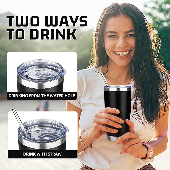 20 oz Tumbler with Lids and Straws, Stainless Steel Insulated Travel Coffee Mug, Double Wall Vacuum Insulated Tumblers, Powder Coated Coffee Tumbler for Cold & Hot Drinks (Black)