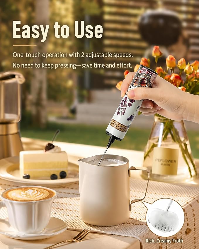 INFOOD Rechargeable Milk Frother with Cover, 2-Speed, 2 Whisks, Floral | Stainless Steel Body and 2 Detachable Whisks, Floral Design, for Lattes, Cappuccinos, Hot Chocolate, and Egg Whites