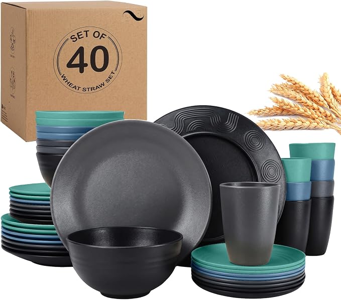 PYRMONT 40 Piece Unbreakable Plates and Bowls Sets for 8 Wheat Straw Dinnerware Set Lightweight Dishes Set Microwave & Dishwasher Safe,Apartment Essentials,New House,Family Gathering-Nightscape