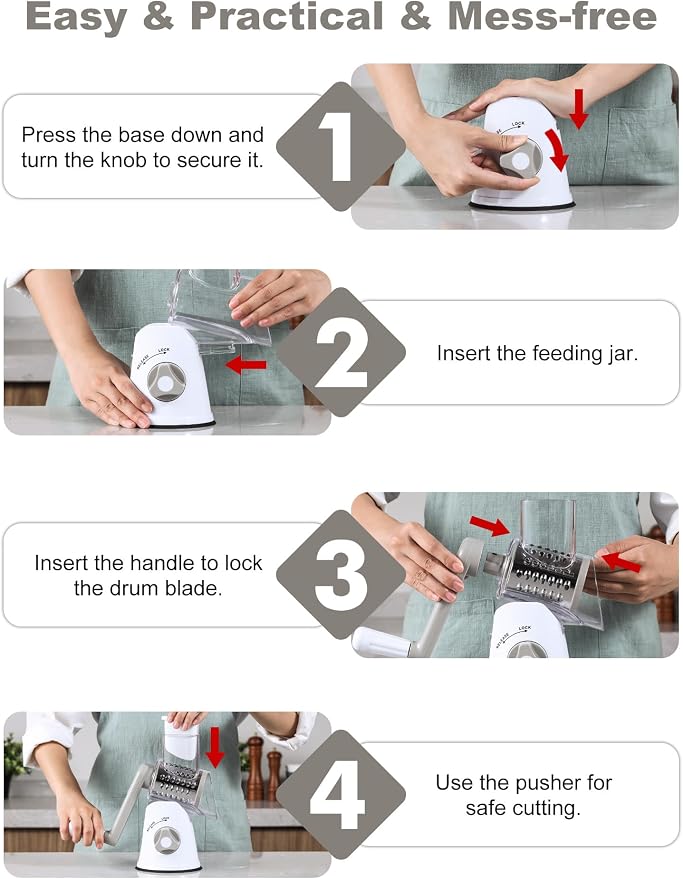 GDL Cheese Grater Hand Crank, Rotary Cheese shredder, Vegetable Slicer | 3 Stainless Steel Blades, 12x Fast Cutting, Non-slip Suction Base, No BPA, Dishwasher Safe, Easy Use for Cheese, Veggies, Nut
