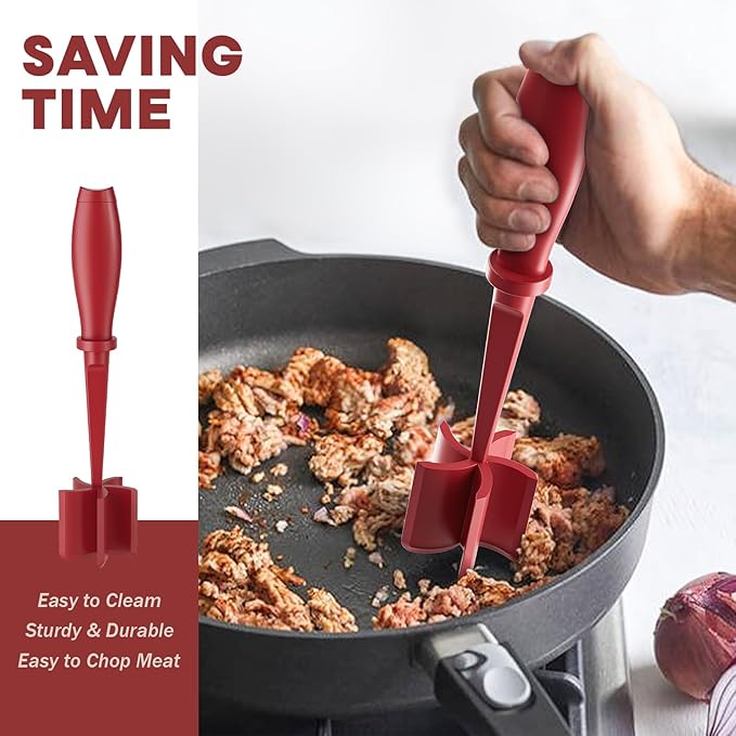 2 Pcs Meat Chopper, Upgrade Hamburger Grinder, Premium Heat Resistant Meat Masher for Ground Beef, Ground Turkey and More, Non Stick Mix Chopper, Hamburger Smasher Safe-Red | Heat Resistant, Food-Grade Nylon, for Ground Turkey/Chicken and More, Non Sti...