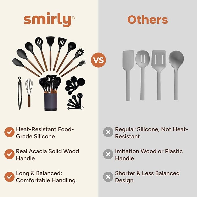 SMIRLY Silicone Kitchen Utensils Set, 22-Piece Acacia Wood Handle, Black | Cooking Utensils Set, Spatula Set with Utensils Holder, Heat-Resistant Silicone Heads, for Nonstick Cookware, BPA Free