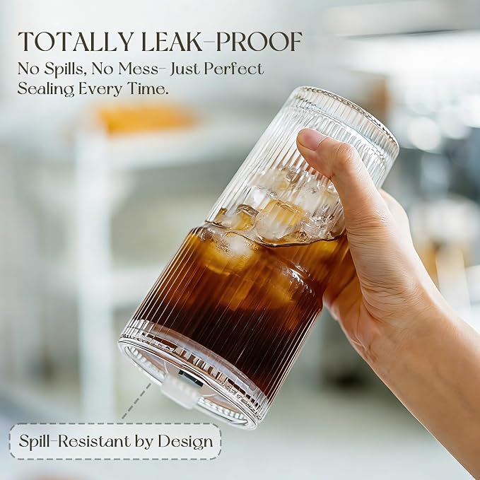 KEMORELA 20oz Ribbed Glass Tumblers with Lids and Straws, Iced Coffee Cups | Reusable thick-wall glass, Leak-Proof Lids, Fits Most Car Cup Holders, For Iced Coffee and Cold Drinks, With Cleaning Brush