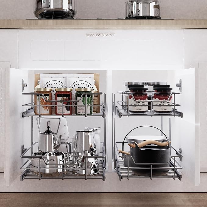2 Tier Pull Out Cabinet Organizer 15" W X 22" D, Chromed, Full Slide Out | For Kitchen Organizers and Storage, Pull Out Drawers For Cabinets Capacity Heavy Duty Caddy, Cabinet Shelves, Bathroom Pantry