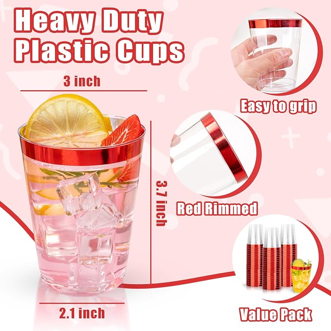 DaYammi 100 Pack Red Plastic Cups 10 Oz,Red Rimmed Plastic Cups for Party Fancy Disposable Cup for Wedding Disposable Glasses Clear Tumblers with red Rim for Bridal Shower Elegant Wine Cocktail Cup