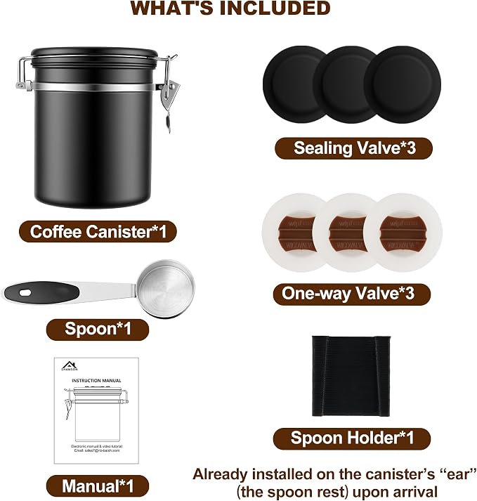 ShanSon Coffee Canister Airtight, Stainless Steel Bean Storage Container with Date Tracker & Scoop, Grounds Sugar Flour Tea Cereal Fits Kitchen Pantry, Ideal Gift for Coffee Lovers,12oz, Black