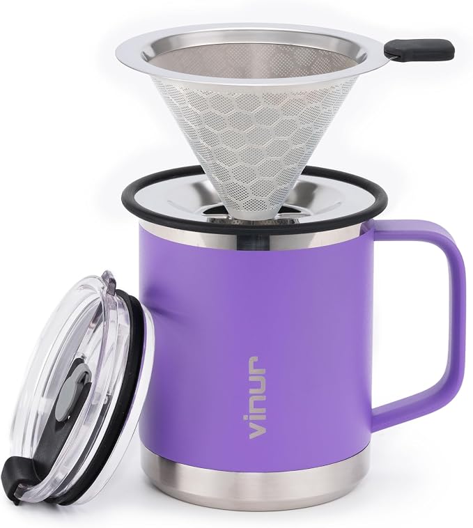 Pour Over Coffee Maker-12 oz Insulated Mug with Stainless Steel Filter | Stainless Steel Vacuum Insulated Coffee Maker With Stainless Steel Filter for Home, Camping, Gift for Men & Women (Purple)