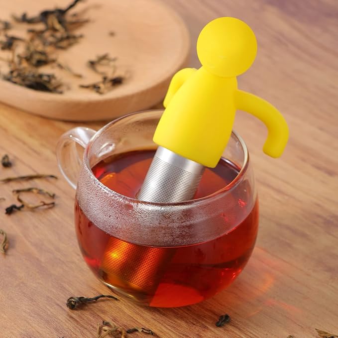 Leden Tea Infuser for Loose Tea Fine Mesh Tea Steeper, Grey & Yellow, 2Pcs | Stainless Steel Fun Person-shaped Design Tea Strainer Filter with Silicone Handle for Loose Tea Ball for Cup Mug