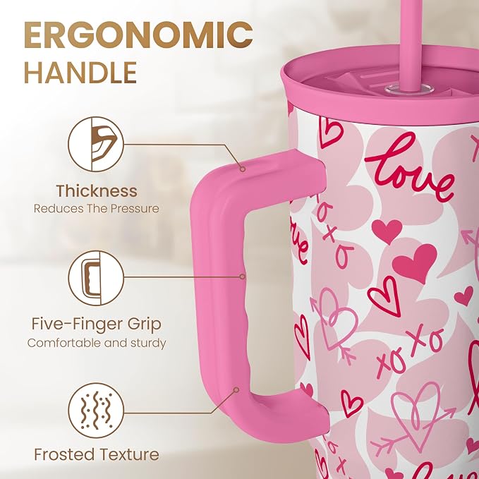 SANDJEST Heart Tumbler with Handle 40oz, Valentines Stainless Steel Insulated Tumblers Coffee Travel Cup with Straw Lid, Gifts for Women Girl