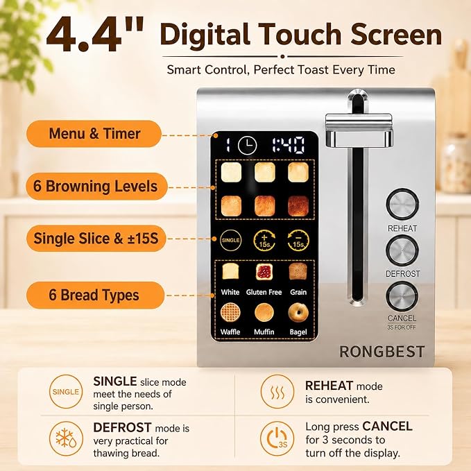 2 Slice Touch Screen Toaster with Wide Slots, Single Slice Mode, Silver | Stainless Steel, Toast Bagel & Bread for Family Breakfast, Digital Touchscreen, ±15s, Reheat & Defrost, Removable Crumb Tray