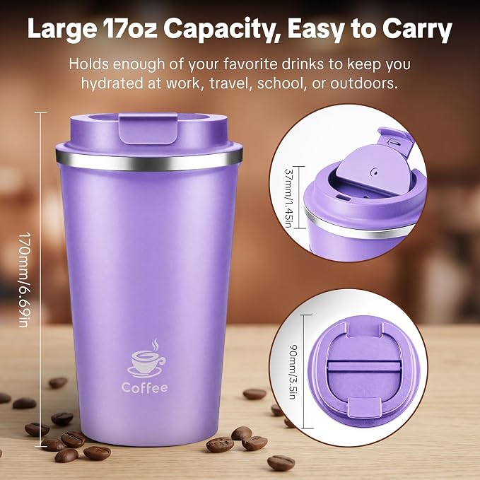 17oz Travel Coffee Mug ,Leakproof Vacuum Coffee Cup Insulated Tumbler | 304 Stainless Steel, Double-Wall Vacuum Insulated, Leakproof, Fits Hot & Cold Drinks Car Cup Holders, Travel, Office