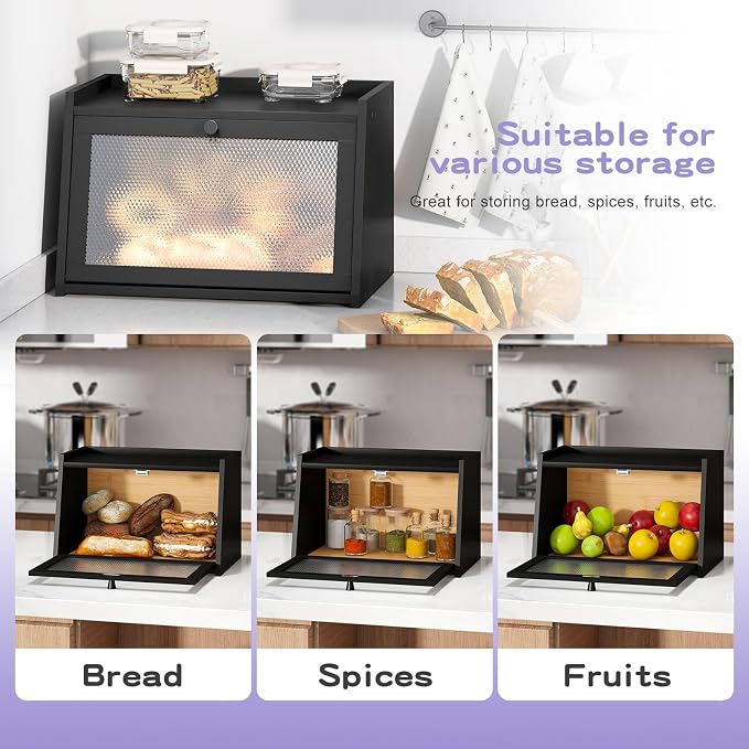 Large Farmhouse Bread Box with Window, Bread Storage Container for Kitchen Countertop, Black