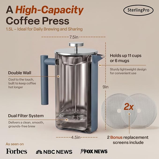 SterlingPro Large Insulated Stainless Steel French Press Coffee Maker 51oz Capacity (44 oz Brew Yield) – Double Wall Metal Coffee Press | Plastic Free | Cool-Touch | Blue Finish | 12 Cups / 6 Mugs