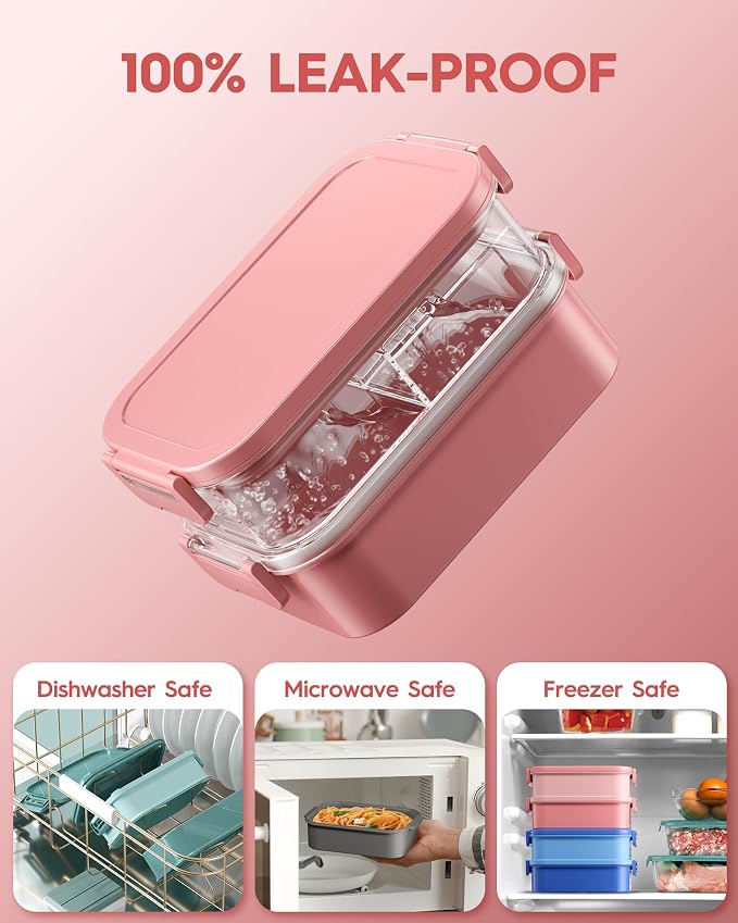 Adults Bento Lunch Box Set with Thermo Bag, 74oz Stackable Leak-proof 3-tiers Bento Box, Built-in Utensil and Sauce Container for Work, School, Dining Out (Pink)