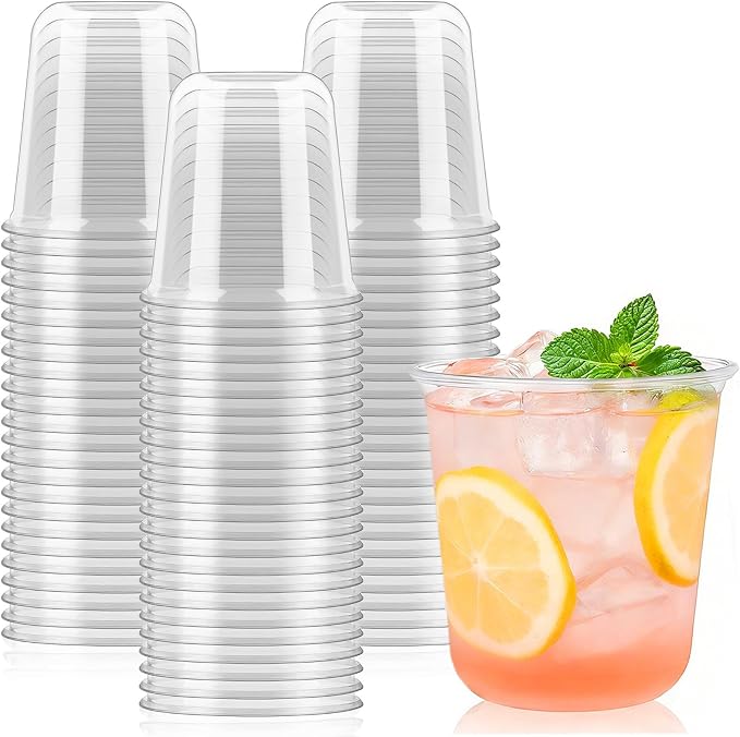 100 x Round Bottom Clear Plastic Cups 12 oz | Disposable Cocktail Cups, Stemless Wine Glasses, Cute Plastic Party Cups for Meeting, Wedding, Birthday, Party Supplies