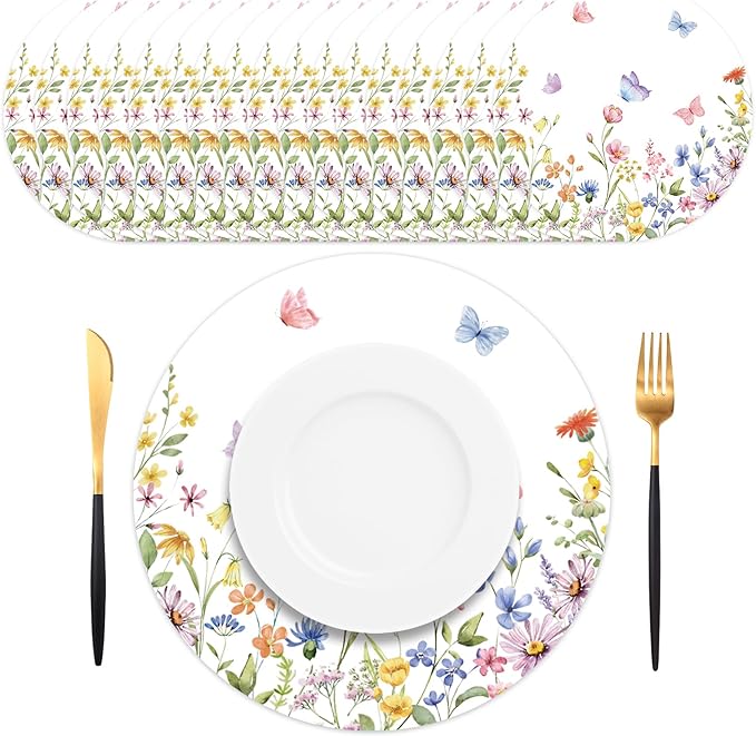 50PCS Spring Floral Placemats Disposable Wildflower Paper Placemats Summer Round Table Mats for Birthday Wedding Anniversary Bride Party Supplies
