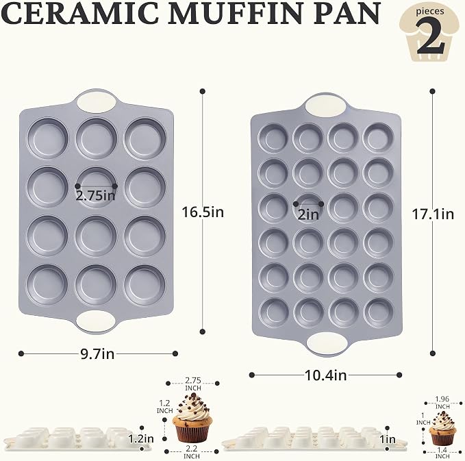 BRONYPRO 2-Pack 12 Cup and Mini 24 Cup Non Toxic Nonstick Ceramic Muffin Pan & Cupcake Tin, PFOA & PTFE Free, Heavy Duty Rust-Resistant Aluminized Steel, Oven & Dishwasher Safe, Cream White