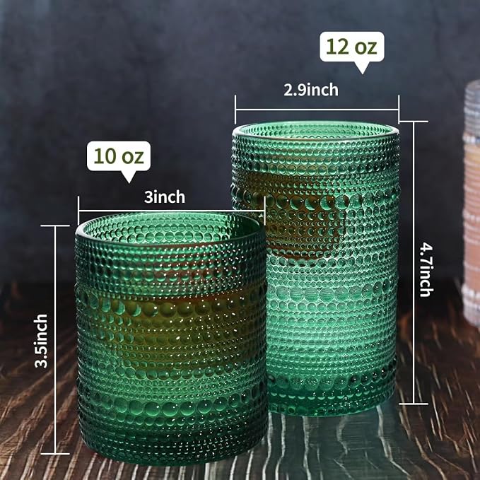 Vintage Hobnail Driinking Glasses Set, Glassware Drinking Set of 8, 12 oz Highball Glasses & 10 oz Cocktail Glasses, Tumbler Glasses for Cocktails, Whiskey, Juice, Milk, Blackish Green