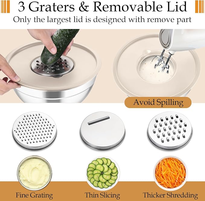 TeamFar Mixing Bowls, Stainless Steel Nesting Salad Bowls Set | Mixing Bowls with Lids & 3 Grater Attachments, For Mixing/Serving/Storing, Non-toxic & Long-lasting, 4.6/3/1.5 QT, Khaki