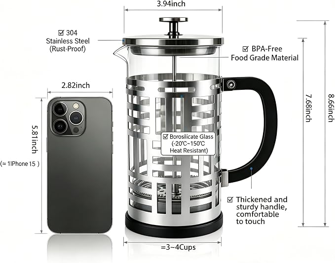 French Press Coffee Maker 34 oz, Glass Coffee Press Plastic-Free Brewer | Thickened Glass Stainless Steel, for Coffee, Cold Brew,Tea & Cocoa, With Extra Filter