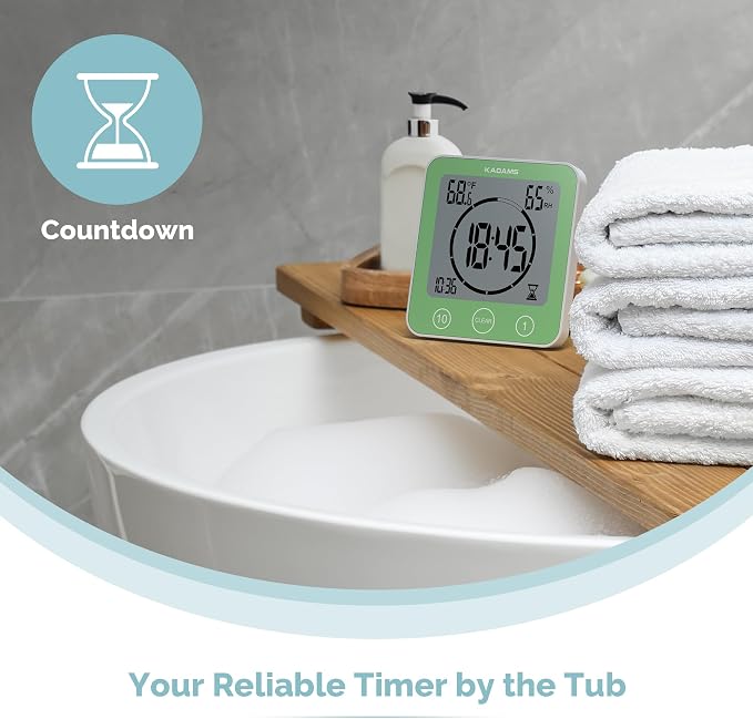 KADAMS Shower Clock Waterproof Bathroom Timer – Digital Wall Clock with Countdown, Magnetic Kitchen Clock with Temperature & Humidity, Suction Cup for Kids Shower Spa Cook Bath (Green)