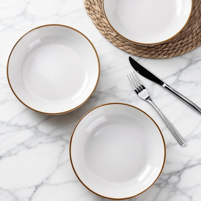 AmorArc 8.5’’ Ceramic Pasta Bowls Set of 4, 36oz Large Stoneware Bowls Set | Large Dinner Serving Bowls Set, Wide Bowl Plate for Pasta,Salad, Soup, Microwave Safe, Reactive Glaze-Pearl White