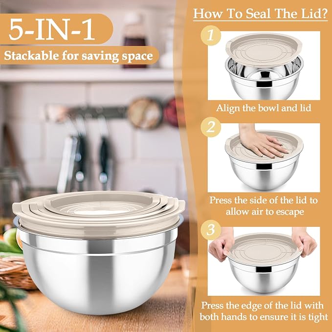 TeamFar Mixing Bowls, Stainless Steel Nesting Salad Bowls Set | Mixing Bowls with Lids & 3 Grater Attachments, For Mixing/Serving/Storing, Non-toxic & Long-lasting, 4.6/3/1.5 QT, Khaki