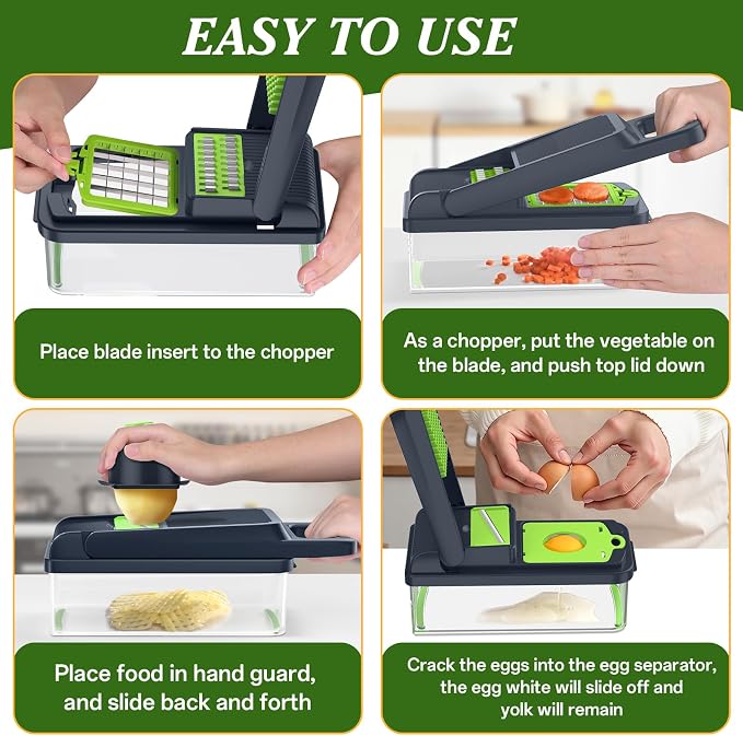 HomeHacks Veggie Chopper Vegetable Cutter, 15 in 1 Kitchen Gadget, Green | Dicer, Slicer, Cutter, Slap Chop, Cheese Grater & Egg Separator - Multi-Functional Salad Fruit Onion Chopper with Container