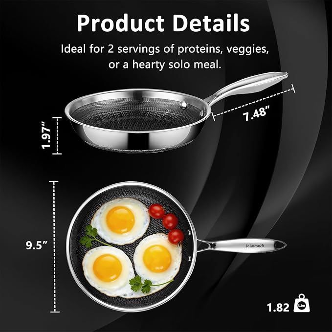 SAKAMOSH 9.5" Hybrid Nonstick Frying Pan,Stainless Steel, Induction Safe | PFAS/PFOA/PTFE-Free Ceramic Pan, Dishwasher & Oven Safe, Skillet WithStay-Cool Handle, Compatible with All Cooktops
