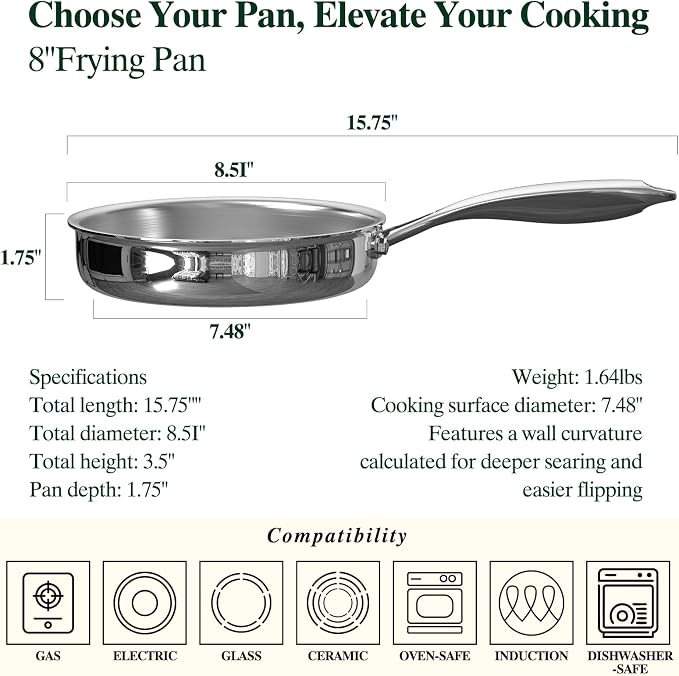 Umite Chef 5 Ply Stainless Steel Frying Pan 8 inch, Non Toxic Professional Stainless Steel Skillets, Dishwasher and Oven-Safe Chef Pan, PFOA&PTFE Free Cookware, Fast & Even Heat, Stay-Cool Handle