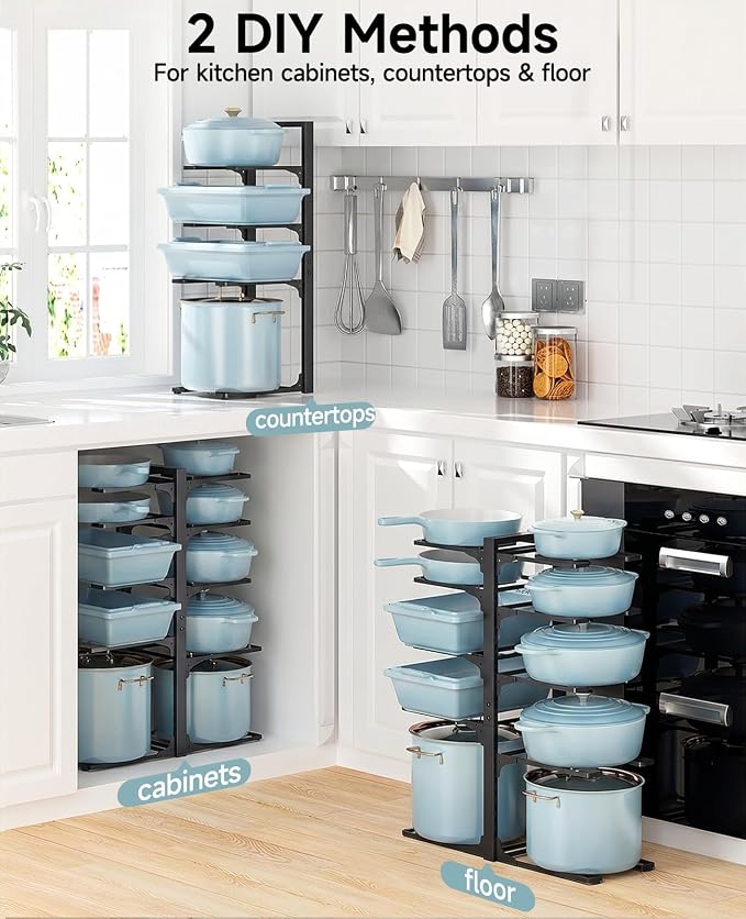 MUDEELA 10-Tier Pots and Pans Organizer Rack, 23.62" H for Cast-iron Pans | Adjustable heavy-duty pot rack, Holds big stockpots, cookware & skillets, Fits under cabinet on countertops, Kitchen storage