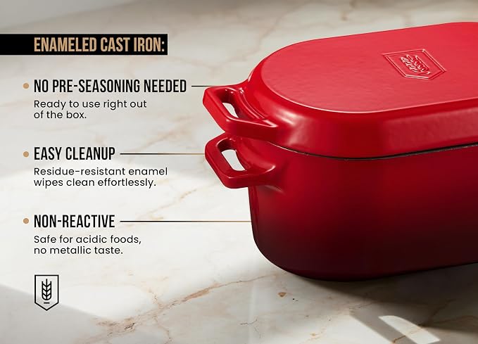 KooK Oval Dutch Oven, for Bread Baking, Sourdough Loaf Pan, Dual Handles, Enameled Cast Iron, with Sling, Dishwasher Safe, 3.4 Qt, Cherry Ombre