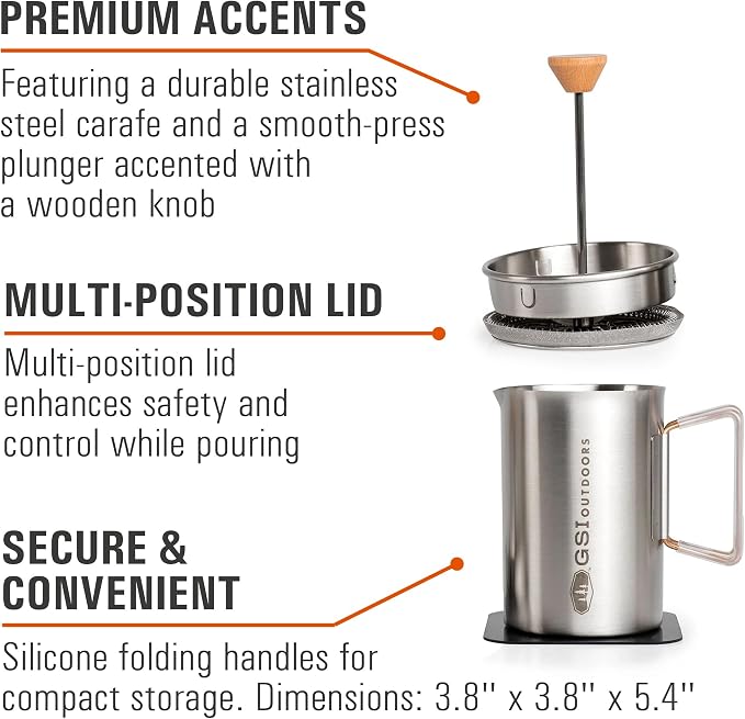 GSI Outdoors Glacier Stovetop Javapress, Stainless Steel French Press Coffee Maker for Camping (20 fl. oz.)