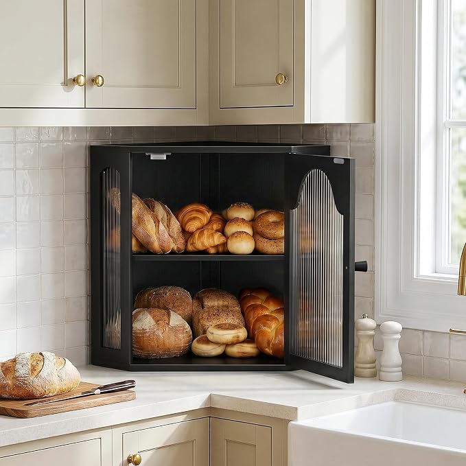 2-Tier Corner Bread Box for Kitchen Countertop with Acrylic Wavy Door Panel | Bread Storage for Homemade Bread, Large Bamboo Vintage Farmhouse Bread Bin, Cabinet Cupboard Pantry, Black, Extra Large