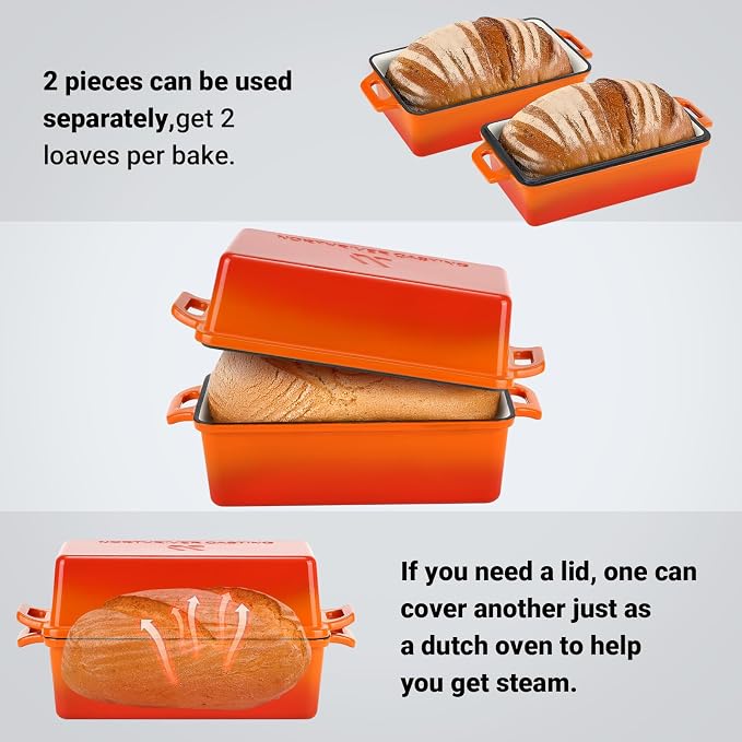 Northriver Casting Enameled Cast Iron Loaf Pan with Lid, Best Bread Oven, Bread Loaf Pans for Baking Homemade Sourdough Bread 9x5, 2 Piece set, Flame