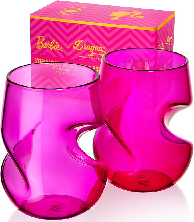Dragon Glassware x Barbie Stemless Wine Glasses, 16 oz Set of 2 | Pink & Magenta Wine Glasses; Stemless Design with Finger Indentations; Aerates Naturally; Official Barbie Merch