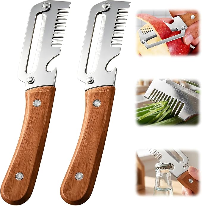 2Pcs MultiFunctional Vegetable Peeler,3 in 1 Multi Functional Wooden Handle Peeler and Bottle Opener,Peeler Knife for Fruit Pumpkin Peeling Potato Carrot Veggie Peeler