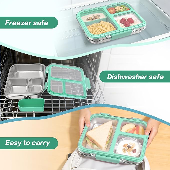Stainless Steel Bento Box for Kids, 3-Compartment Metal Lunch Box with Clear Lid & Removable Silicone, Lunch Box Kids with Silicone Inner Container for Meal Prep, School, Office (Blue)