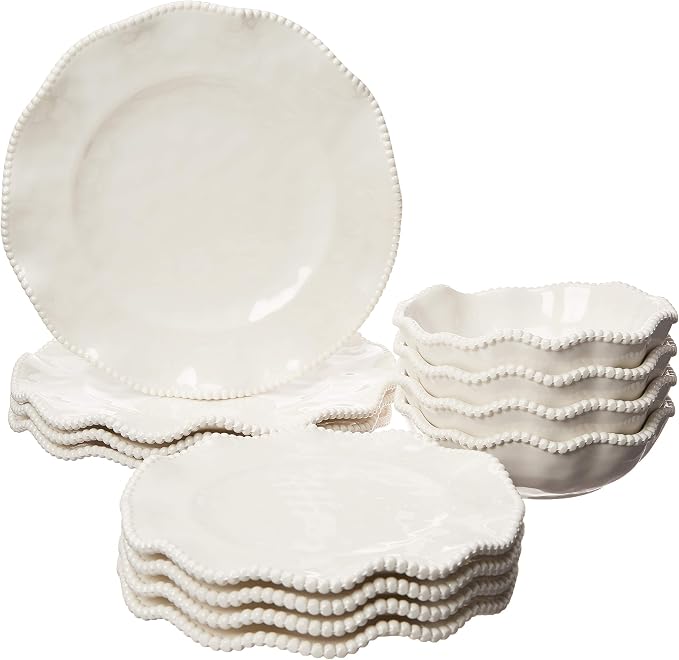 Perlette Off-White Beaded 12-Piece Dinnerware Set – Includes 4 Dinner Plates, 4 Salad Plates, 4 Bowls (7.5" x 2", 22 oz) – Elegant Unbreakable Melamine, Heavyweight, Perfect for Indoor/Outdoor Dining