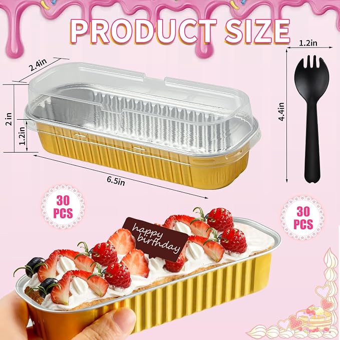 60Pcs Aluminum Min Foil Bakingi Loaf Pans with Lids and Spoons | Rectangle Mini Cake Pan,Brownie Baking Cups for Picnics Party (Gold)