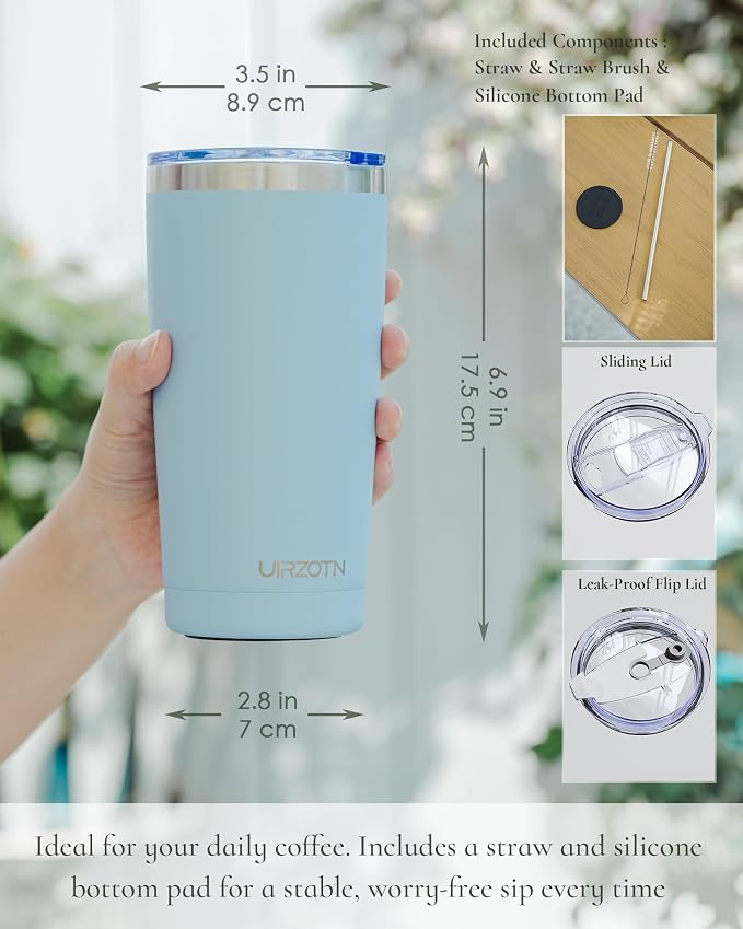 20oz Travel Coffee Tumbler with 2 Lids and Straw, Stainless Steel | Double Wall Vacuum Insulated Tumbler, Coffee Mug for Hot & Cold Drinks, Fits Most Car Cup Holders, Light