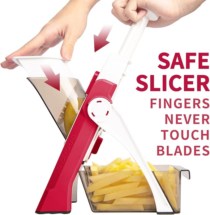 ONCE FOR ALL Safe Mandoline Slicer 5 in 1 Vegetable Cutter, Strips Julienne Dicer Adjustable Thickness 0.1-8 mm for Kitench Fast Meal Prep (Red) | Adjustable Thickness, Potato Slicer Veggie Chopper, Strips Julienne Dicer, French Fry Cutter, Dishwasher ...
