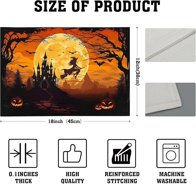 Halloween Witch Placemats Set of 6 18x12 Inch Bat Castle Pumpkin Linen Place Mats Heat-Resistant Washable Wipeable Holiday Table Mat for Party Kitchen Dining Room Dinner Table Decor
