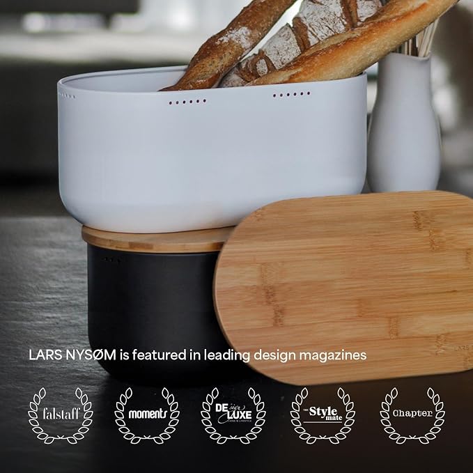 LARS NYSØM Bread Box I Metal bread box for long lasting freshness with non-slip pads I Baked goods Bin with bamboo lid usable as cutting board I 13.6x7.3x6.2in (Stone Blue)