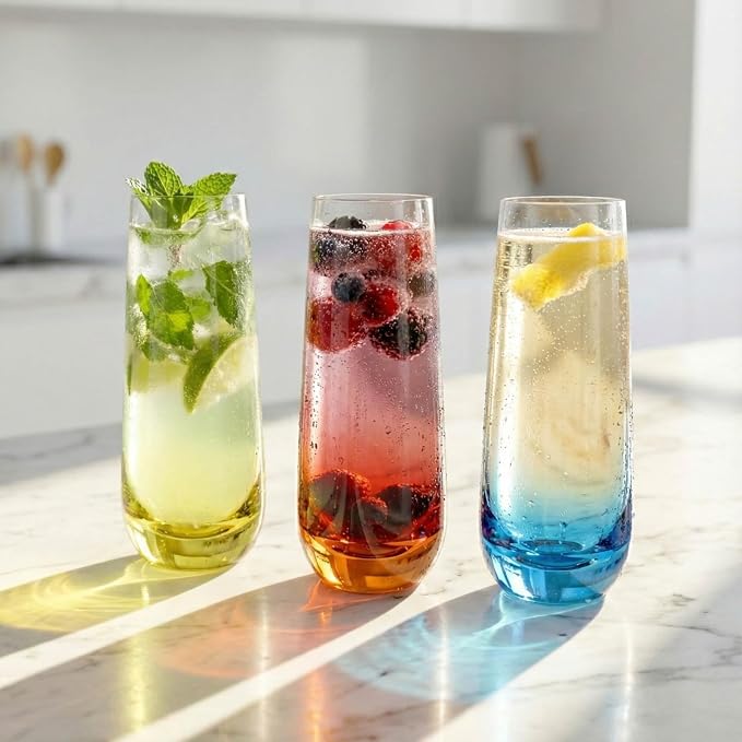 ColoVie Stemless Champagne Flutes set of 6, Colored Bar Glassware, Cocktail | Colored Champagne Glasses, Crystal Glass for Wedding Toasting, Prosecco, Mimosa Glasses, Bridesmaid Gift, Party Glassware