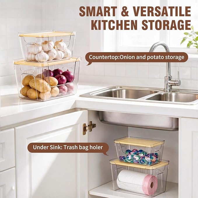 ONEDONE Pantry Organizers and Storage - 2 Set Potato and Onion Storage Bin | Stackable Trash Bag Dispenser,Clear Storage Bins for Onion Potato Fruit,Garbage Bag Dispenser,Kitchen Under Sink Organizer